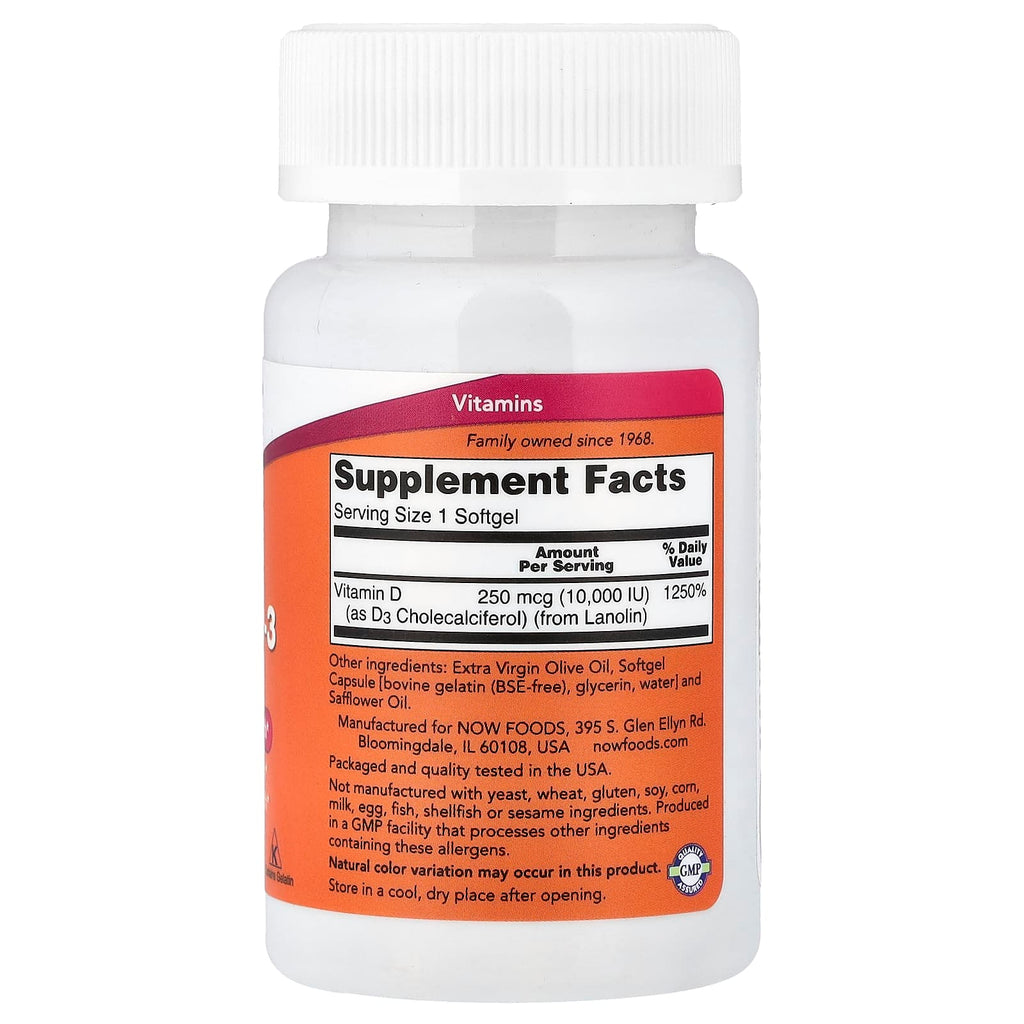 NOW Foods Vitamine D3 Haute Efficacité 10 000 UI – 120 Capsules