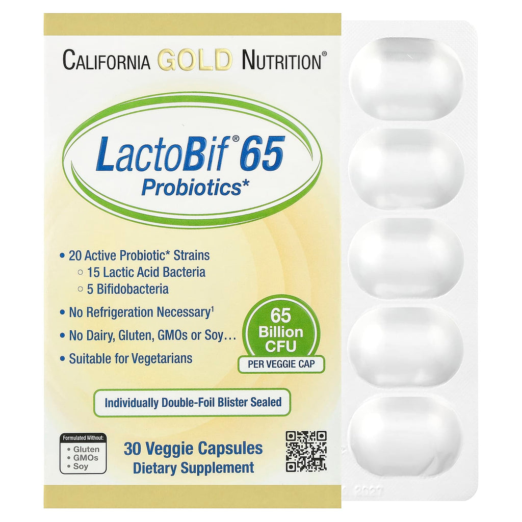 California Gold Nutrition, Probiotiques LactoBif 65, 65 milliards d'UFC, 30 capsules végétales