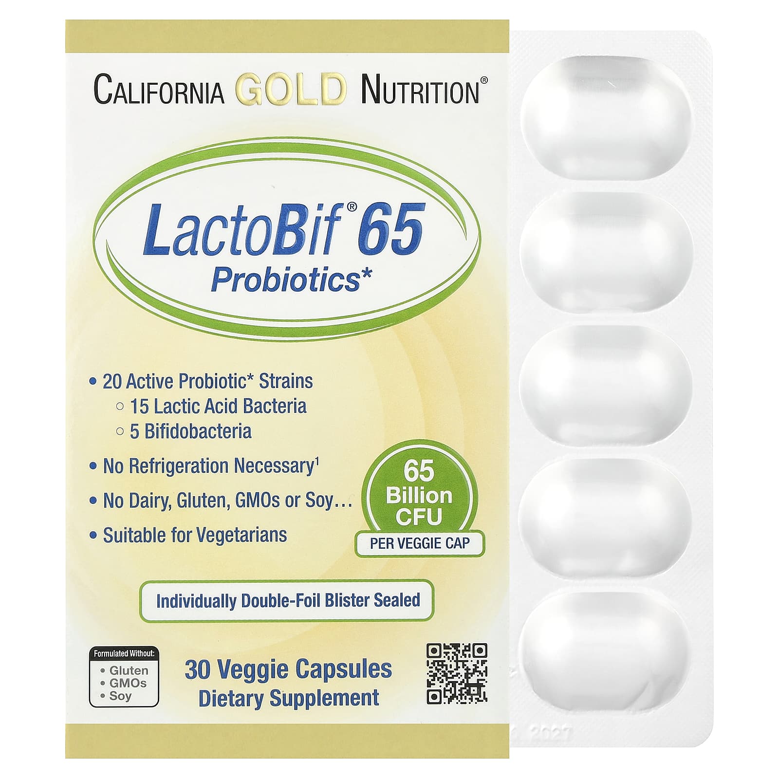 California Gold Nutrition, Probiotiques LactoBif 65, 65 milliards d'UFC, 30 capsules végétales