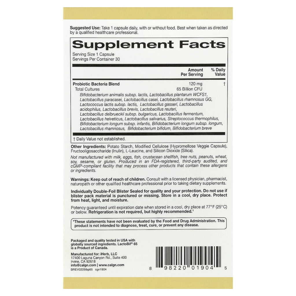 California Gold Nutrition, Probiotiques LactoBif 65, 65 milliards d'UFC, 30 capsules végétales