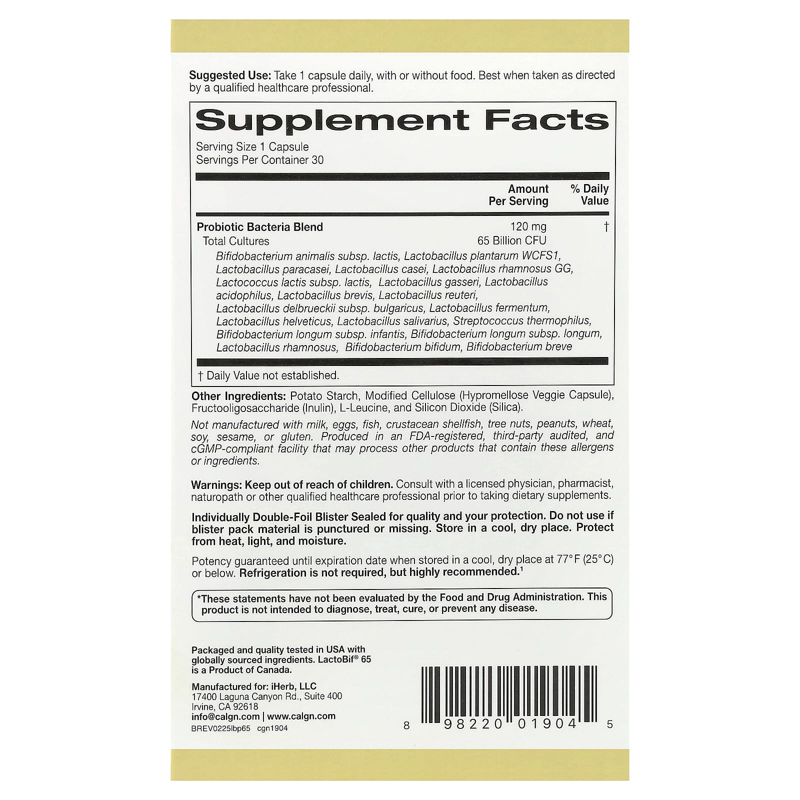 California Gold Nutrition, Probiotiques LactoBif 65, 65 milliards d'UFC, 30 capsules végétales