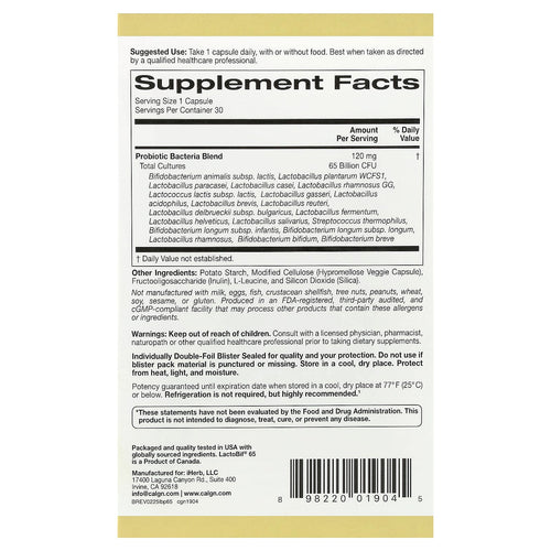California Gold Nutrition, Probiotiques LactoBif 65, 65 milliards d'UFC, 30 capsules végétales