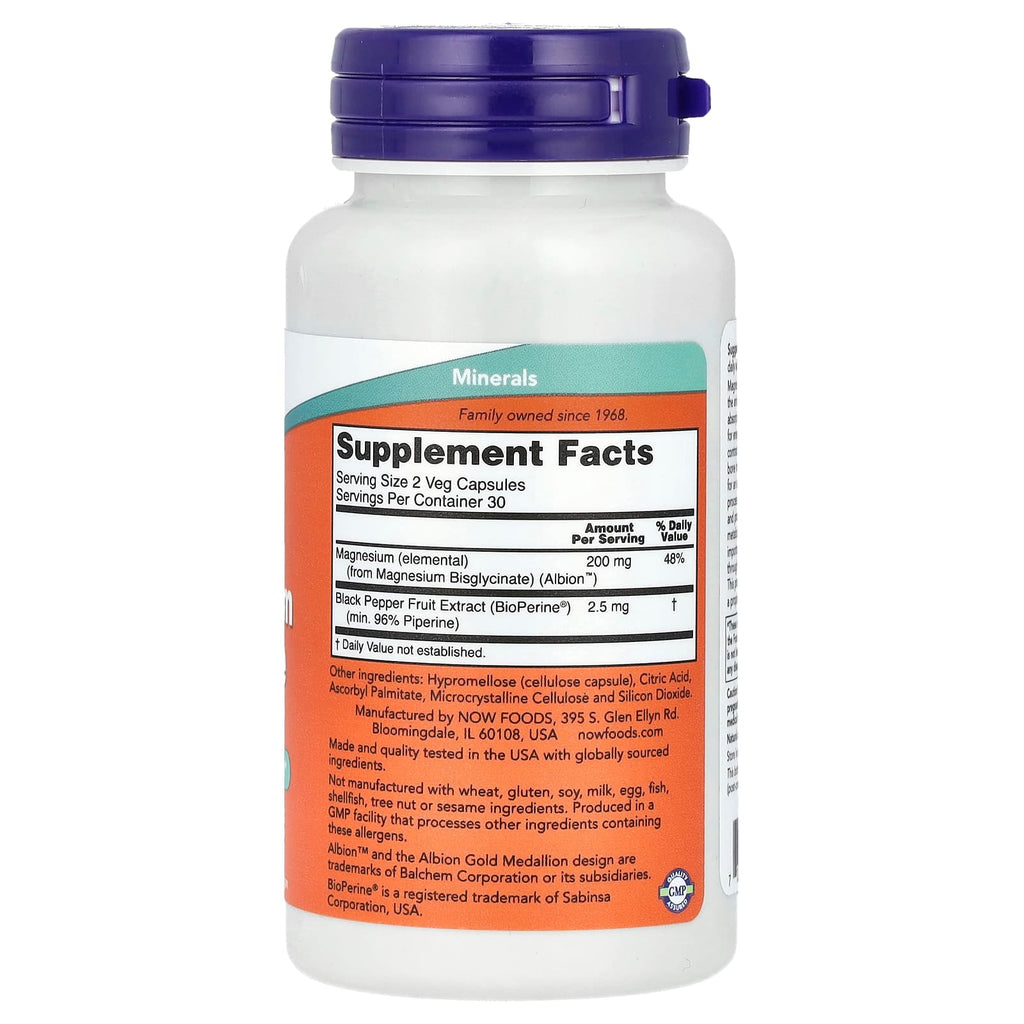 NOW Foods Glycinate de Magnésium avec BioPerine® – 60 Capsules Végétariennes