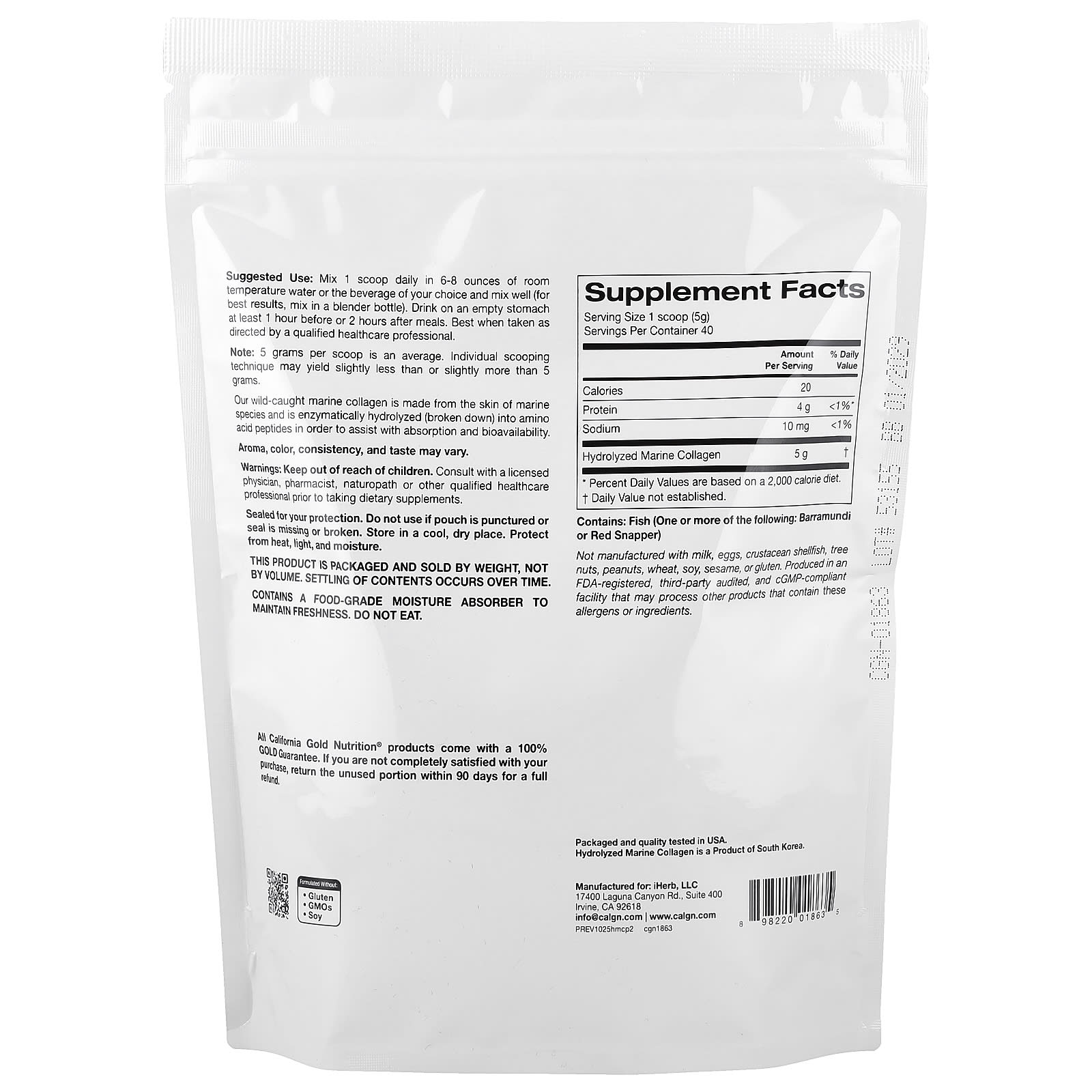 California Gold Nutrition Hydrolyzed Marine Collagen Peptides 200 g