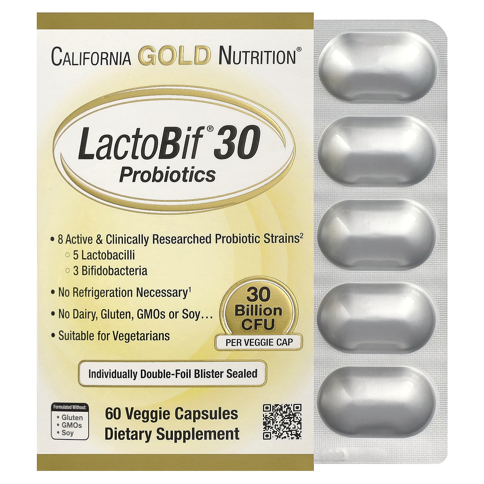 California Gold Nutrition, Probiotiques LactoBif, 30 milliards d'UFC, 60 capsules végétariennes