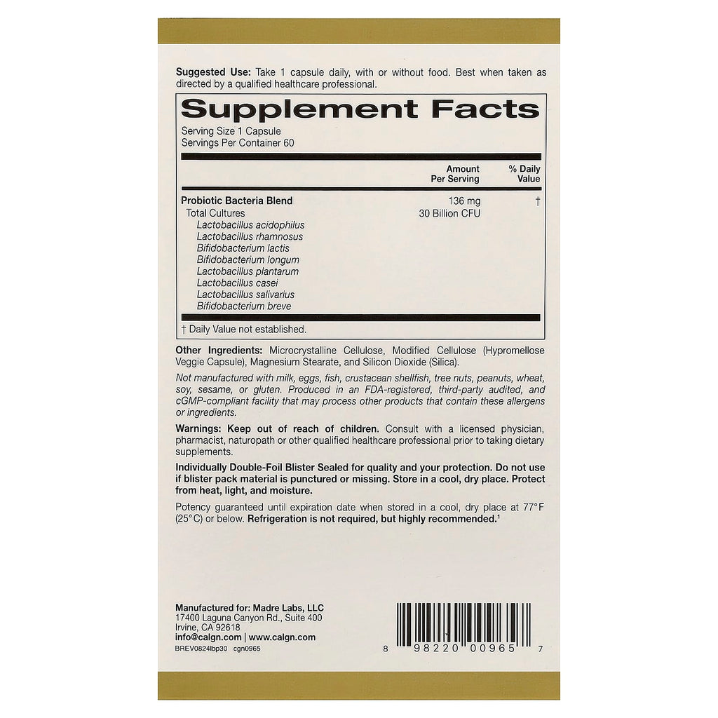 California Gold Nutrition, Probiotiques LactoBif, 30 milliards d'UFC, 60 capsules végétariennes