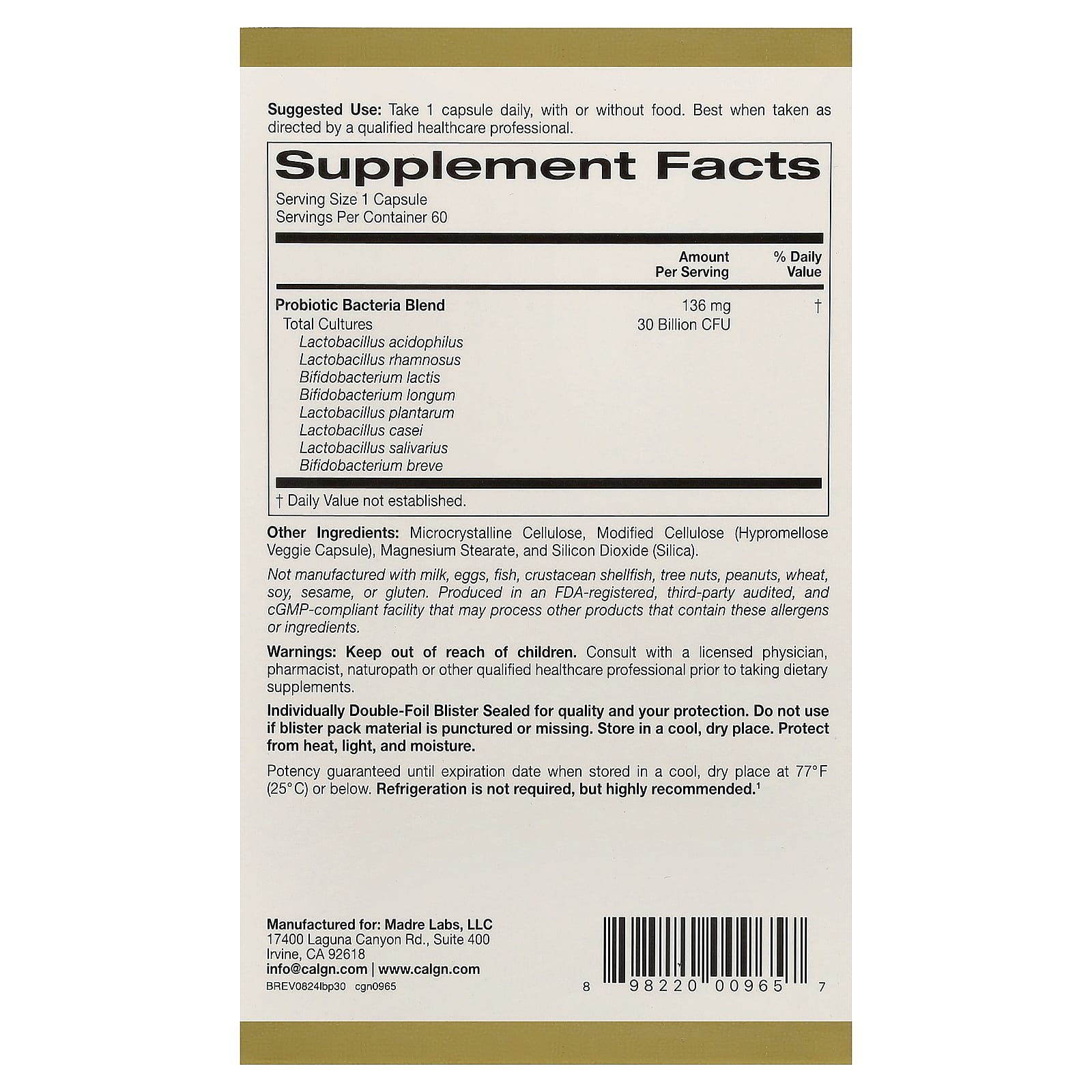 California Gold Nutrition, Probiotiques LactoBif, 30 milliards d'UFC, 60 capsules végétariennes