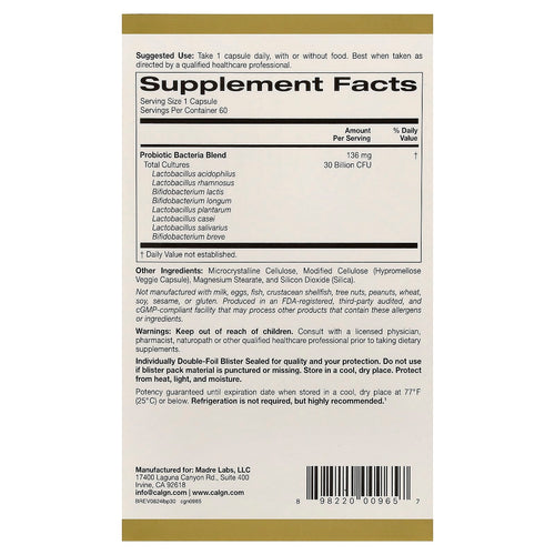 California Gold Nutrition, Probiotiques LactoBif, 30 milliards d'UFC, 60 capsules végétariennes