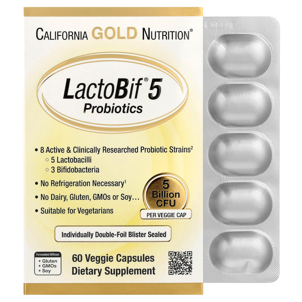 California Gold Nutrition, Probiotiques LactoBif, 5 milliards d'UFC, 60 capsules végétariennes