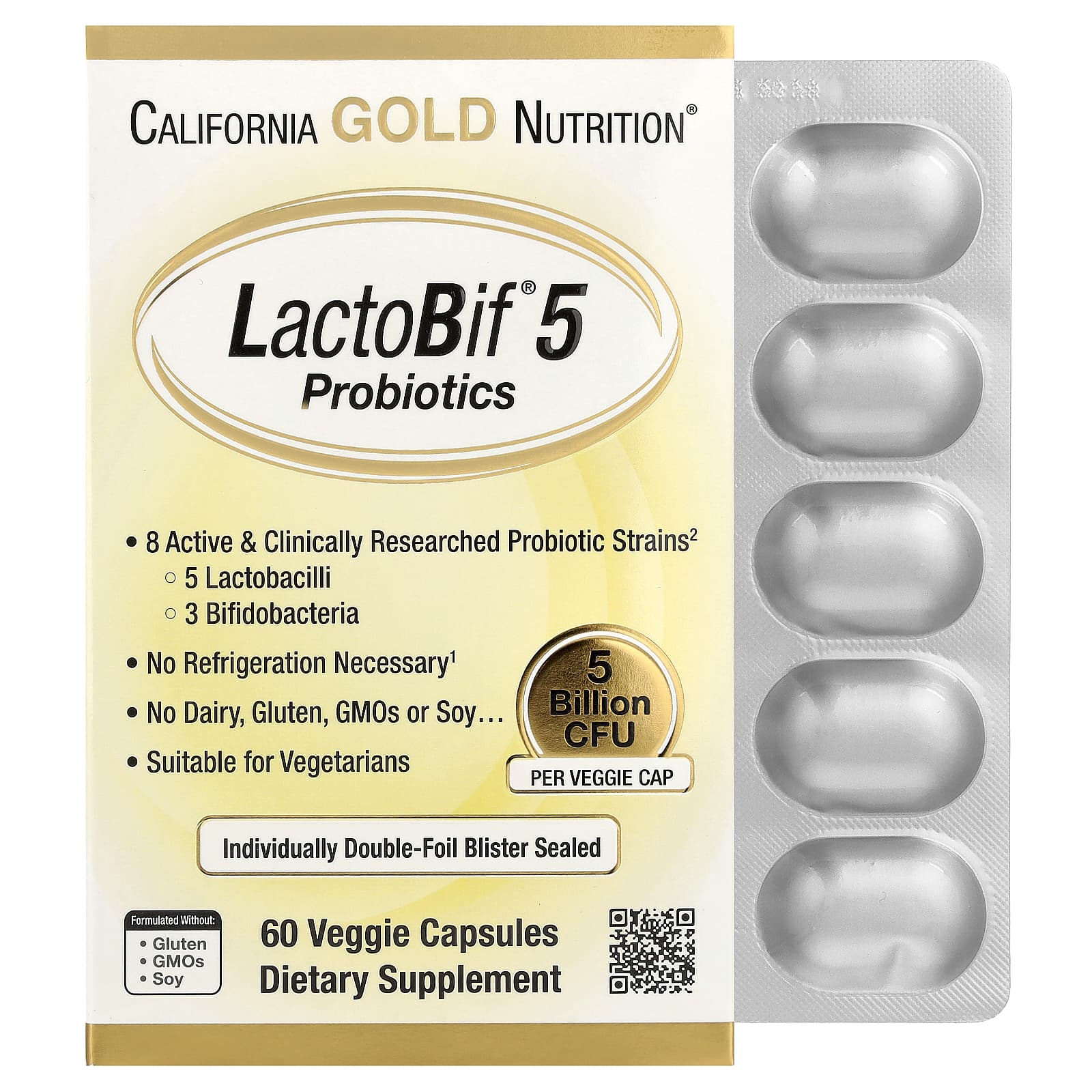 California Gold Nutrition, Probiotiques LactoBif, 5 milliards d'UFC, 60 capsules végétariennes