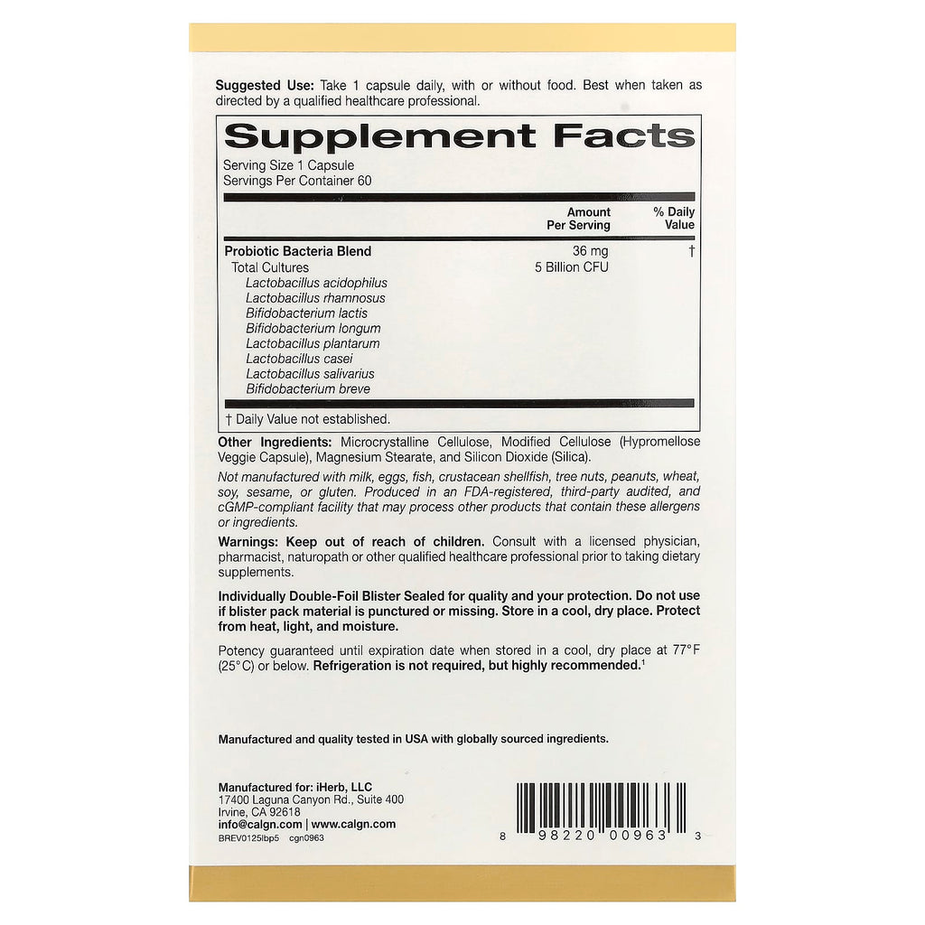 California Gold Nutrition, Probiotiques LactoBif, 5 milliards d'UFC, 60 capsules végétariennes