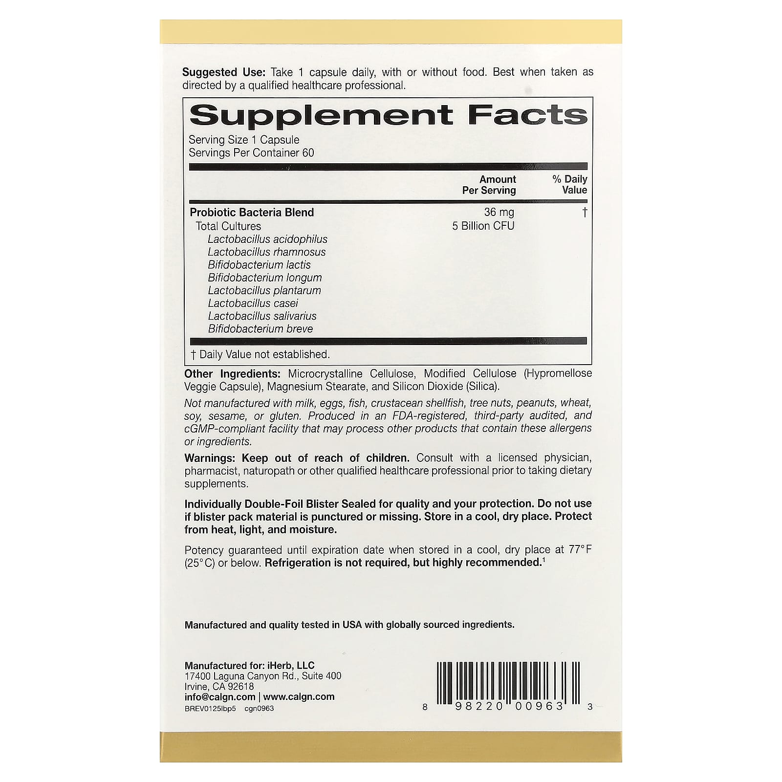 California Gold Nutrition, Probiotiques LactoBif, 5 milliards d'UFC, 60 capsules végétariennes