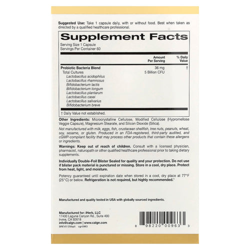 California Gold Nutrition, Probiotiques LactoBif, 5 milliards d'UFC, 60 capsules végétariennes