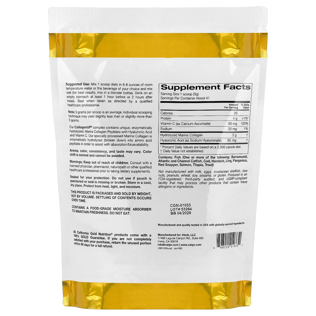 California Gold Nutrition, CollagenUP, Peptides de collagène marin hydrolysé à l'acide hyaluronique et à la vitamine C, Non aromatisés, 206g