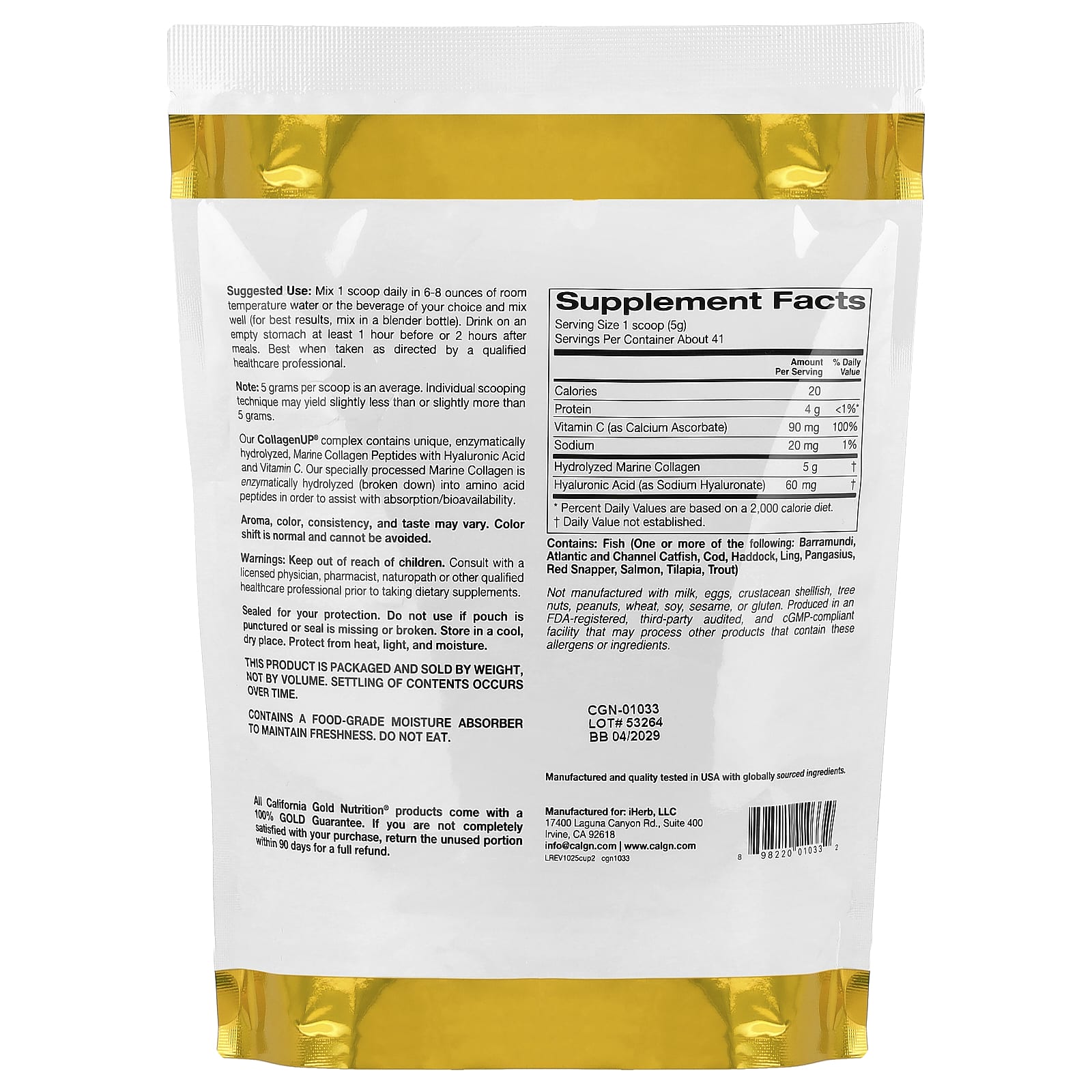 California Gold Nutrition, CollagenUP, Peptides de collagène marin hydrolysé à l'acide hyaluronique et à la vitamine C, Non aromatisés, 206g