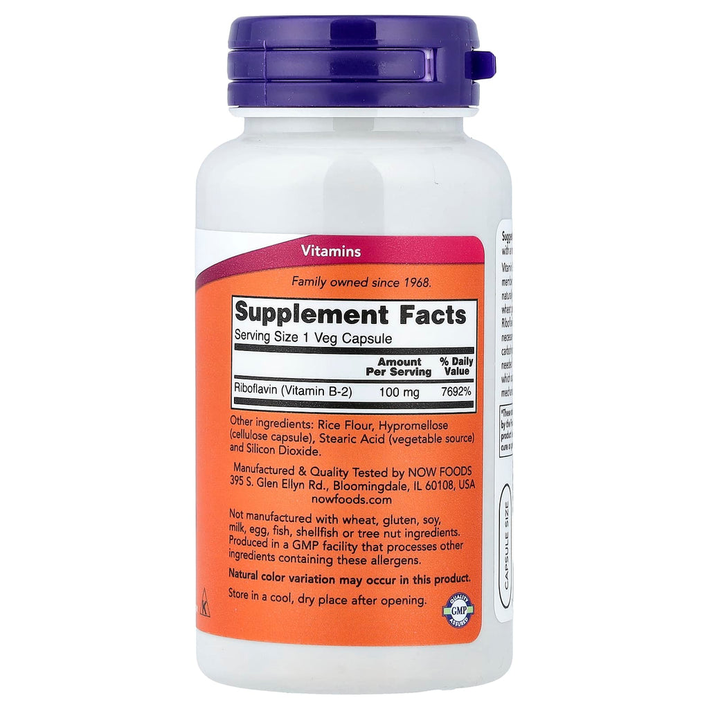 NOW Foods Vitamine B2 100 mg – 100 Capsules Végétariennes