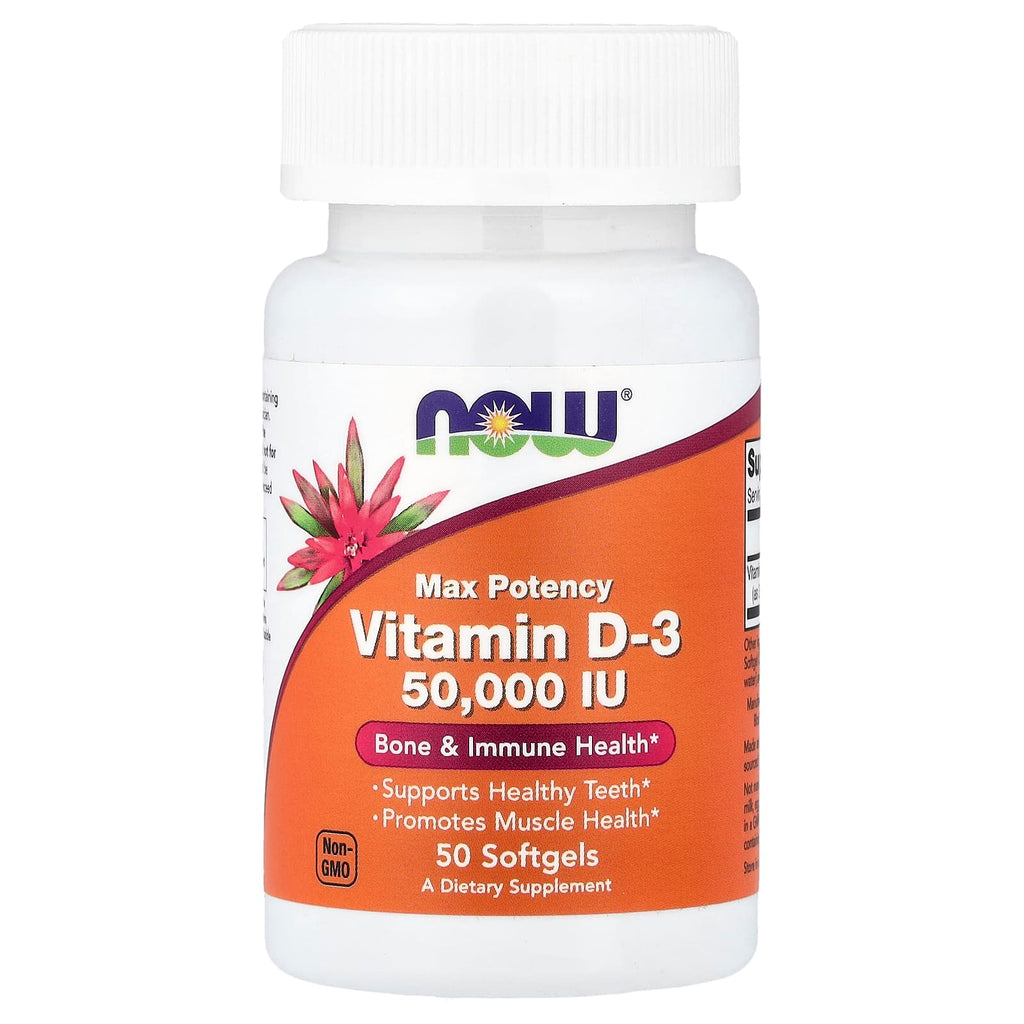 NOW Foods Vitamine D3 Efficacité Maximale 50 000 UI – 50 Capsules à Enveloppe Molle