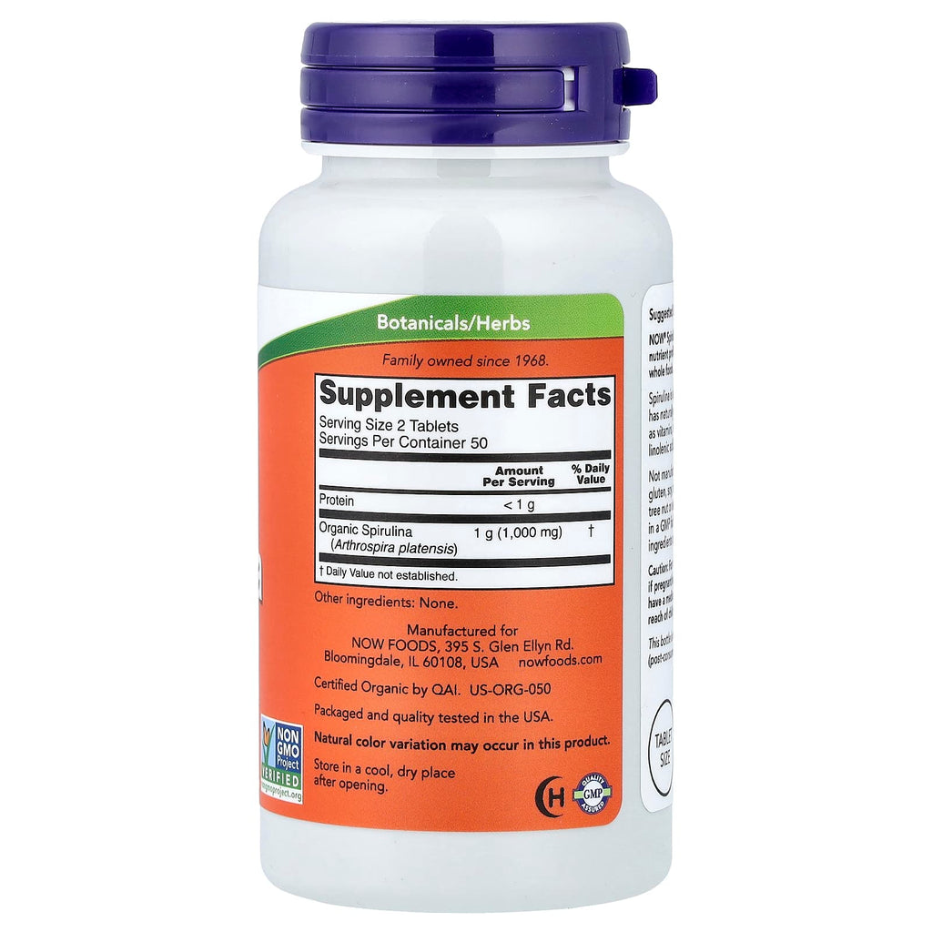 NOW Foods Spiruline Certifiée Biologique 500 mg – 100 Comprimés