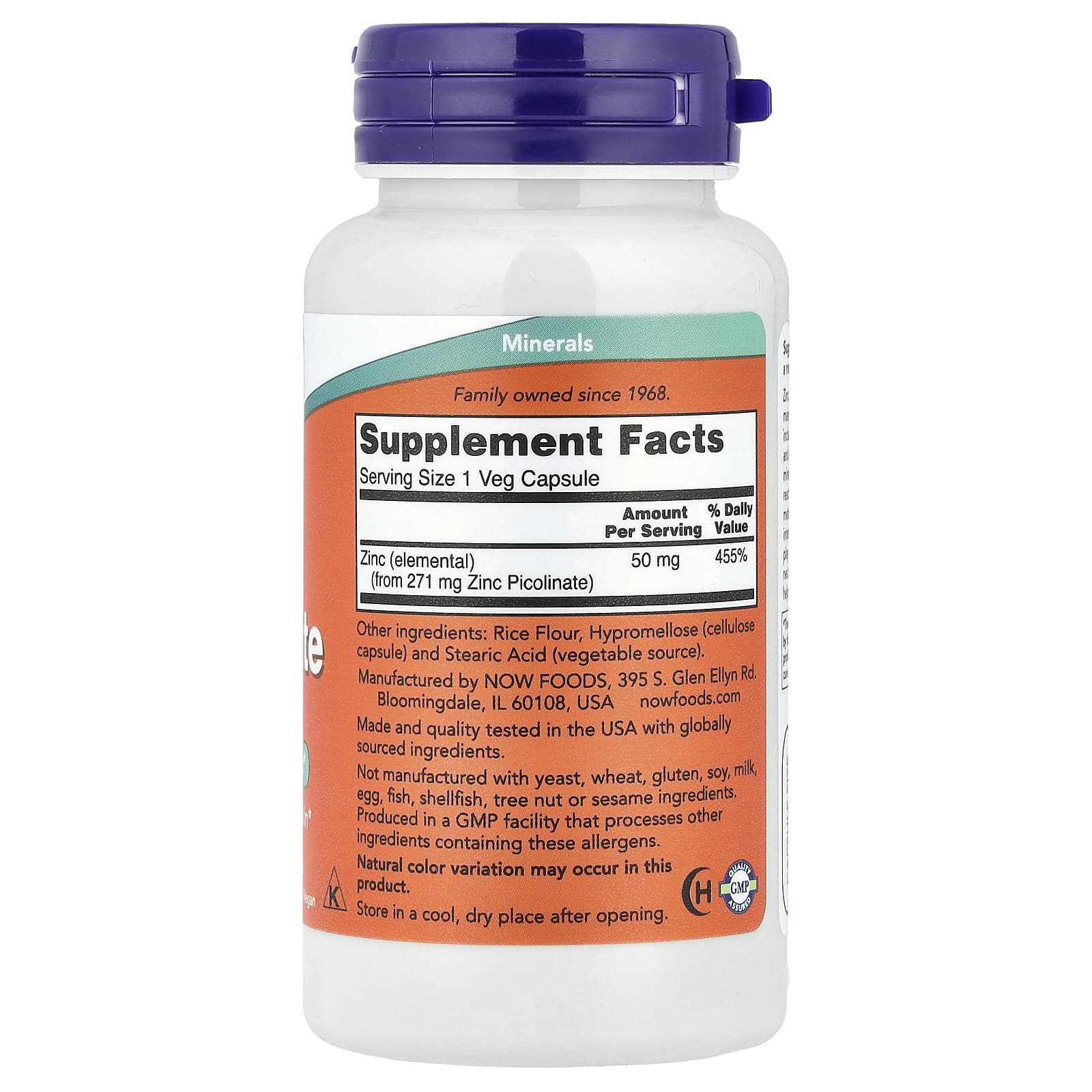 NOW Foods Picolinate de Zinc 50 mg – 120 Capsules Végétariennes