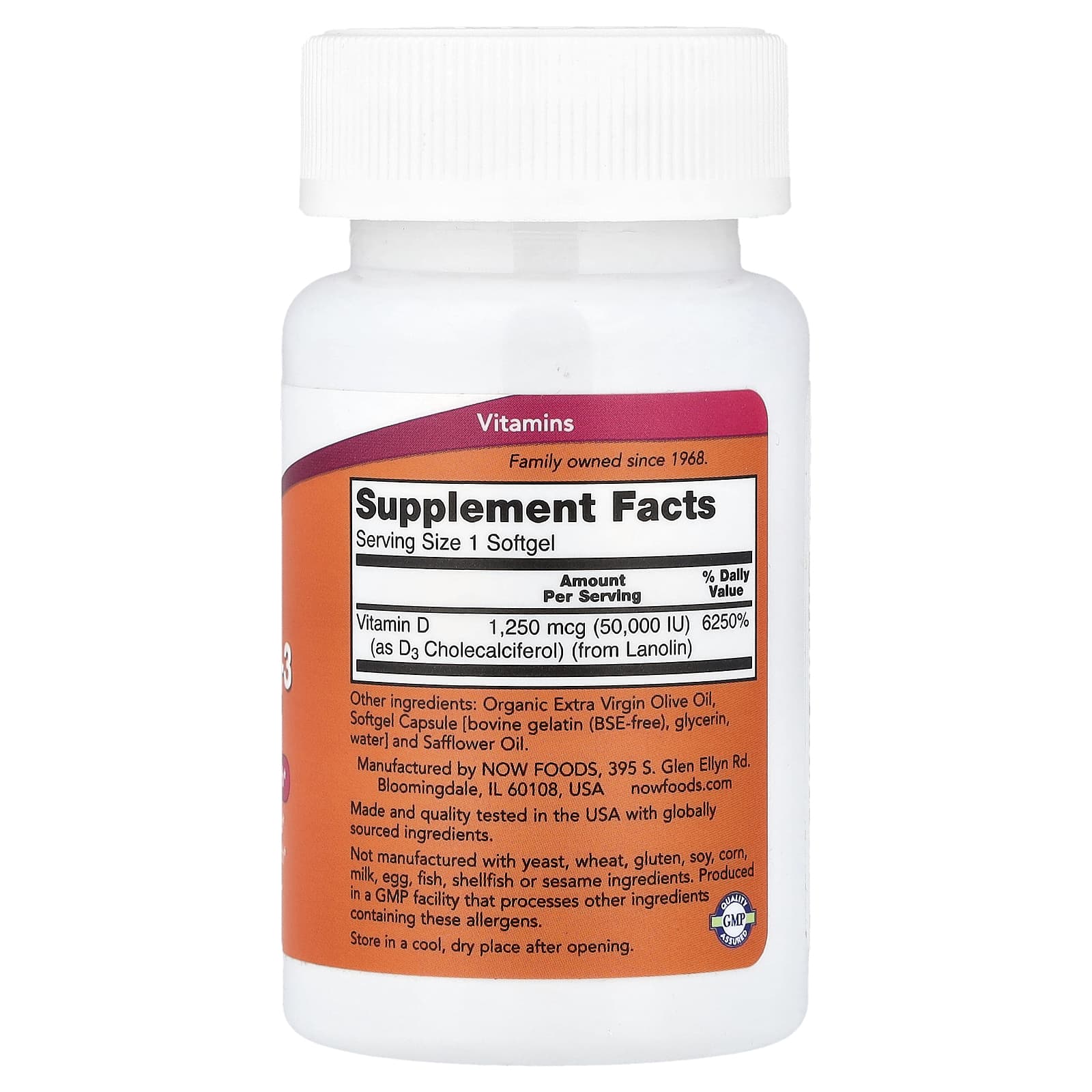 NOW Foods Vitamine D3 Efficacité Maximale 50 000 UI – 50 Capsules à Enveloppe Molle