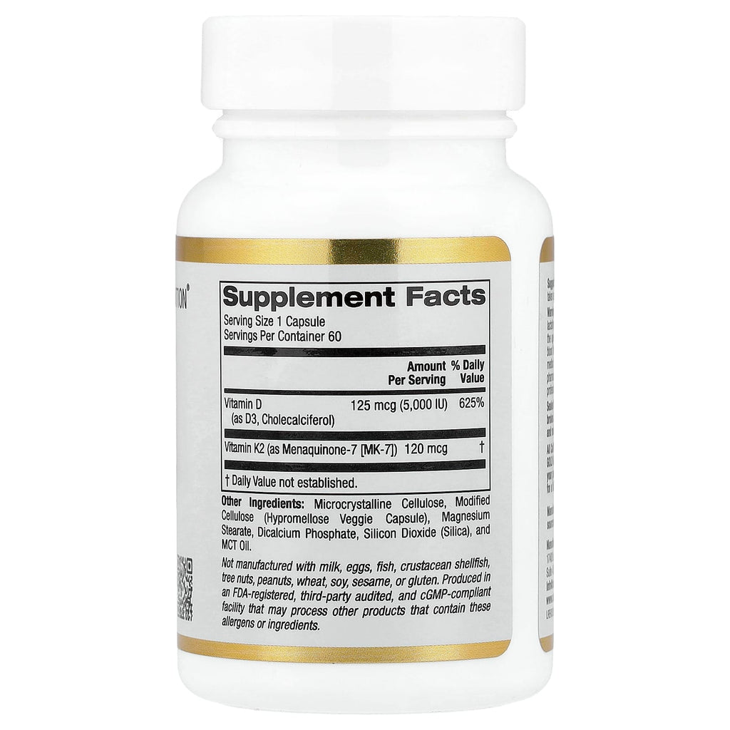 California Gold Nutrition – Vitamines D3 + K2 – 60 Capsules Végétales