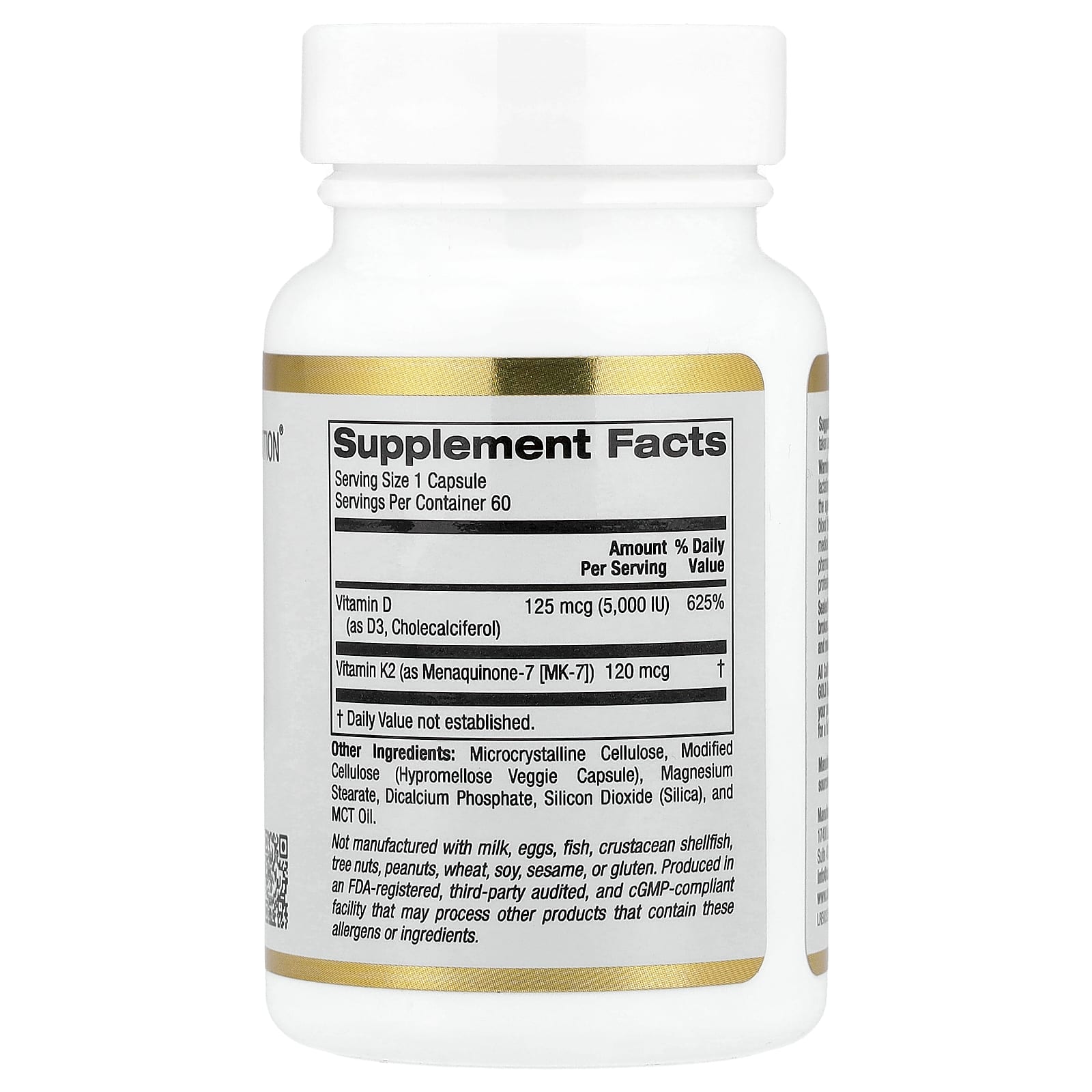 California Gold Nutrition – Vitamines D3 + K2 – 60 Capsules Végétales