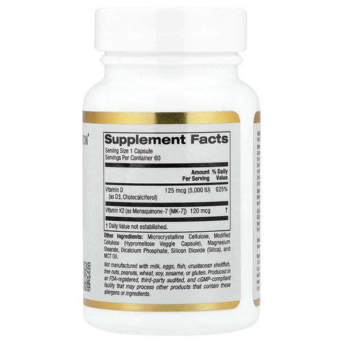 California Gold Nutrition – Vitamines D3 + K2 – 60 Capsules Végétales
