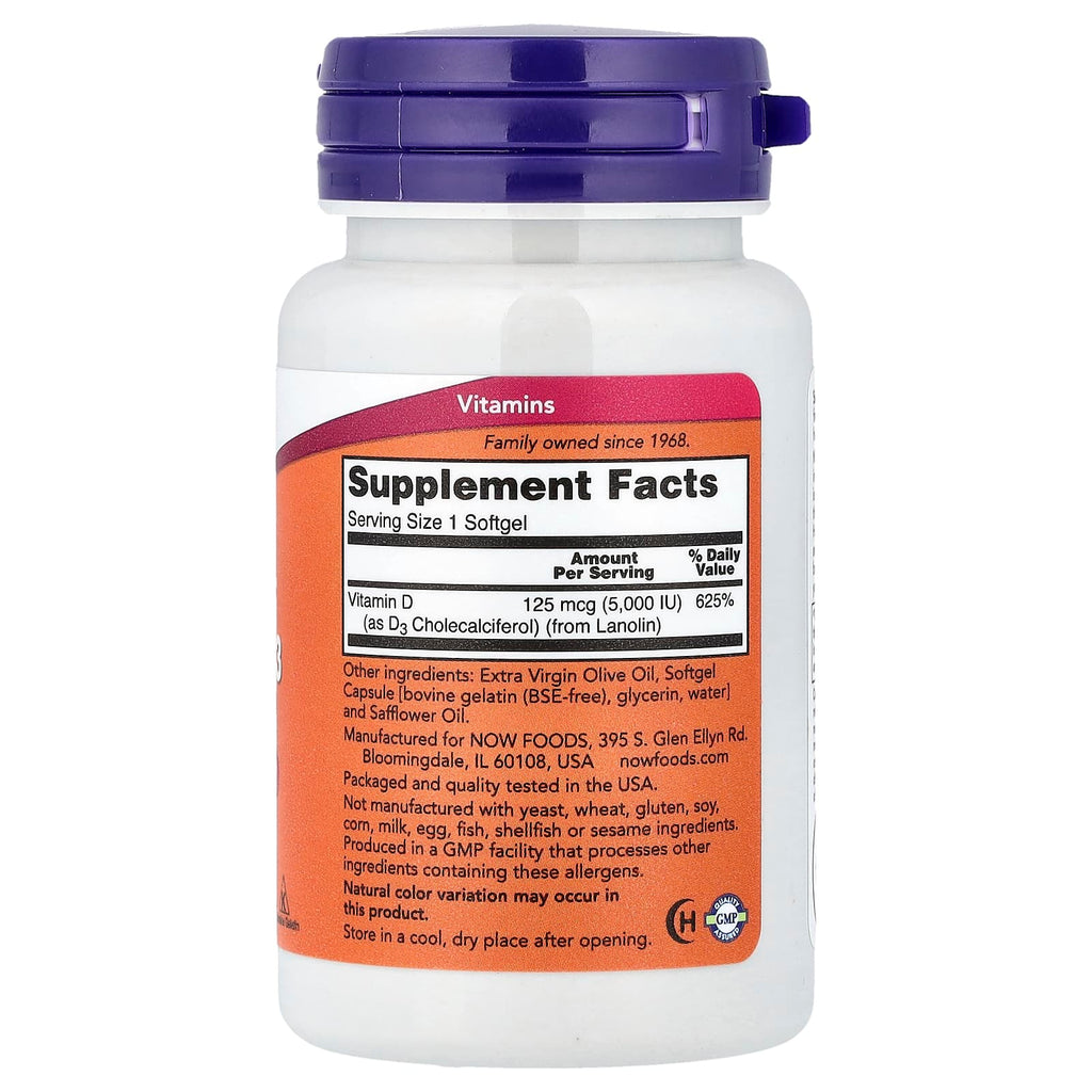 NOW Foods Vitamine D-3 5000 UI – 120 Capsules à Enveloppe Molle