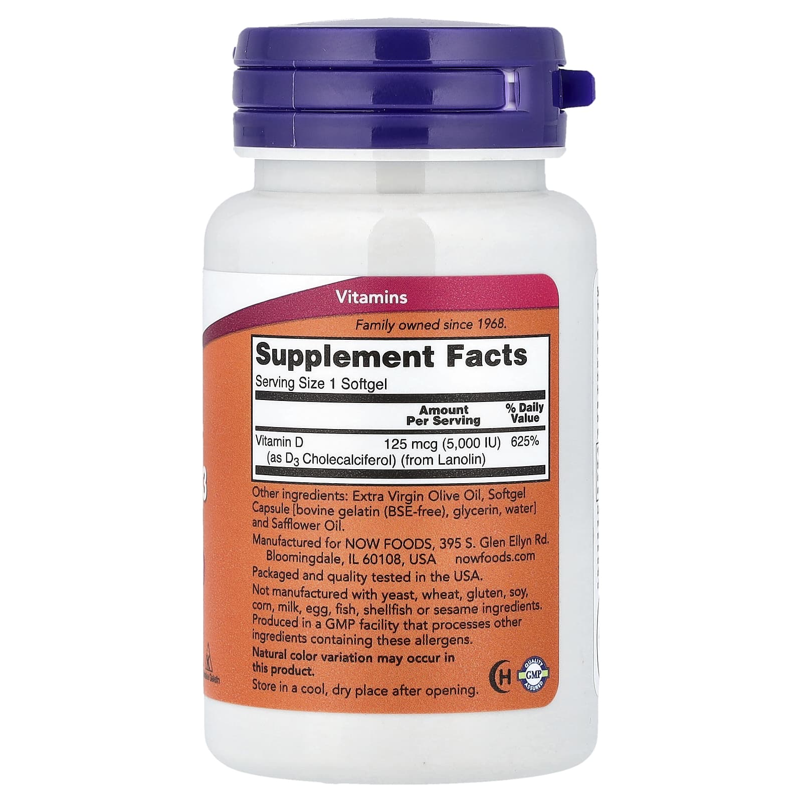 NOW Foods Vitamine D-3 5000 UI – 120 Capsules à Enveloppe Molle