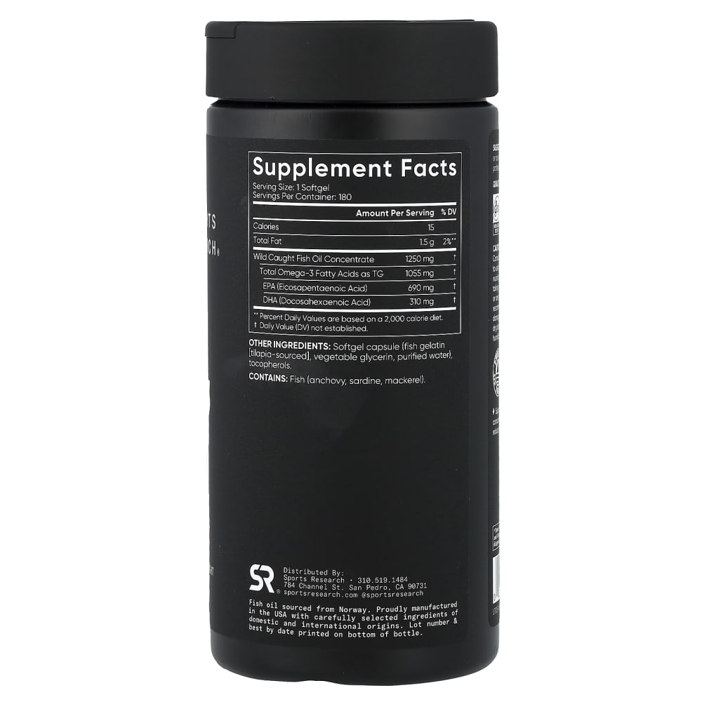 Sports Research Omega-3 Fish Oil Triple Strength – 1250 mg – 180 capsules à enveloppe molle