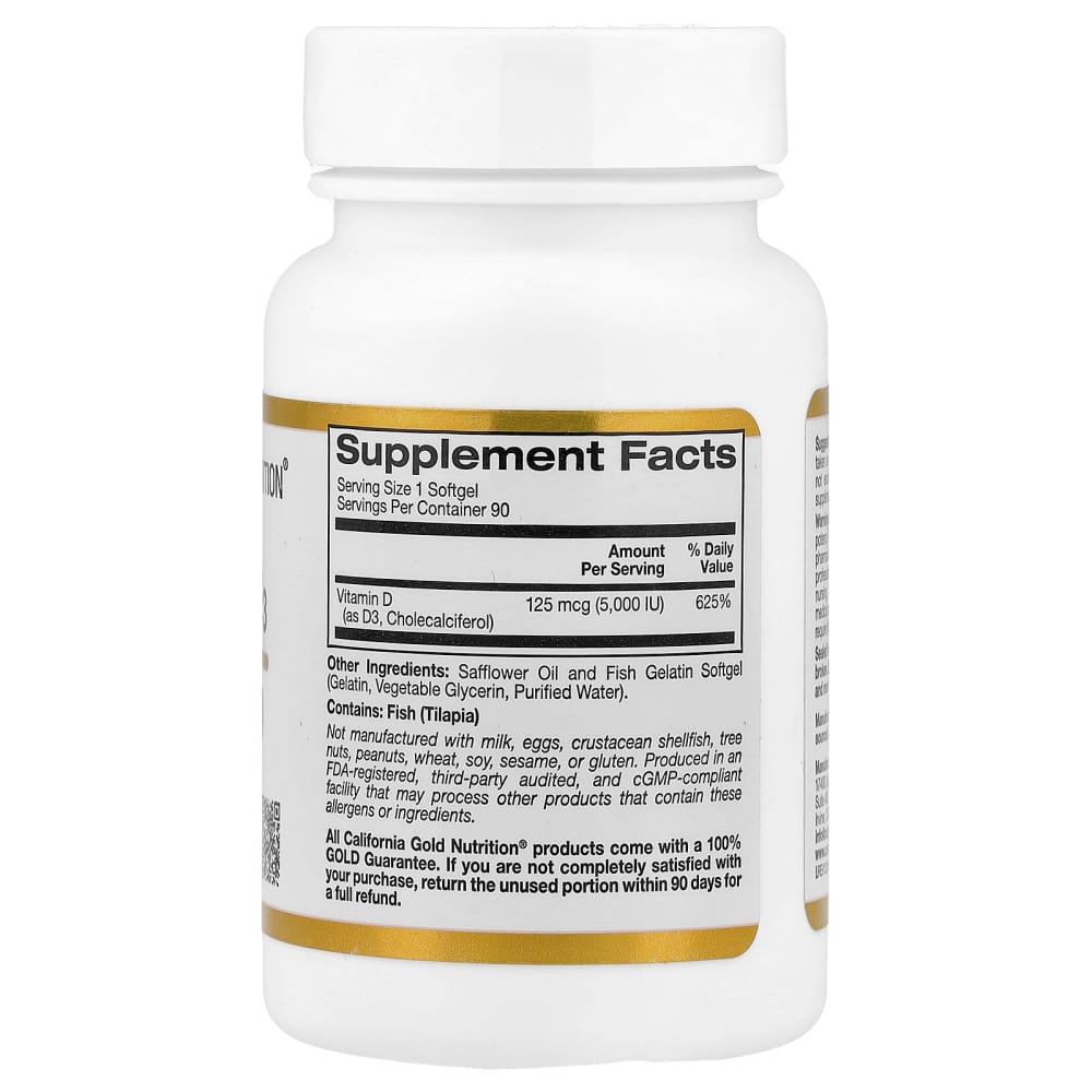 California Gold Nutrition Vitamin D3 125 mcg (5,000 IU) – 90 gélules molles (Fish Gelatin Softgels) – vue supplémentaire