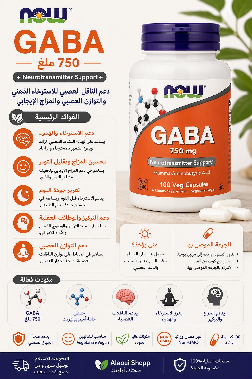 NOW Foods GABA 750 mg – 100 capsules végétales – informations complémentaires
