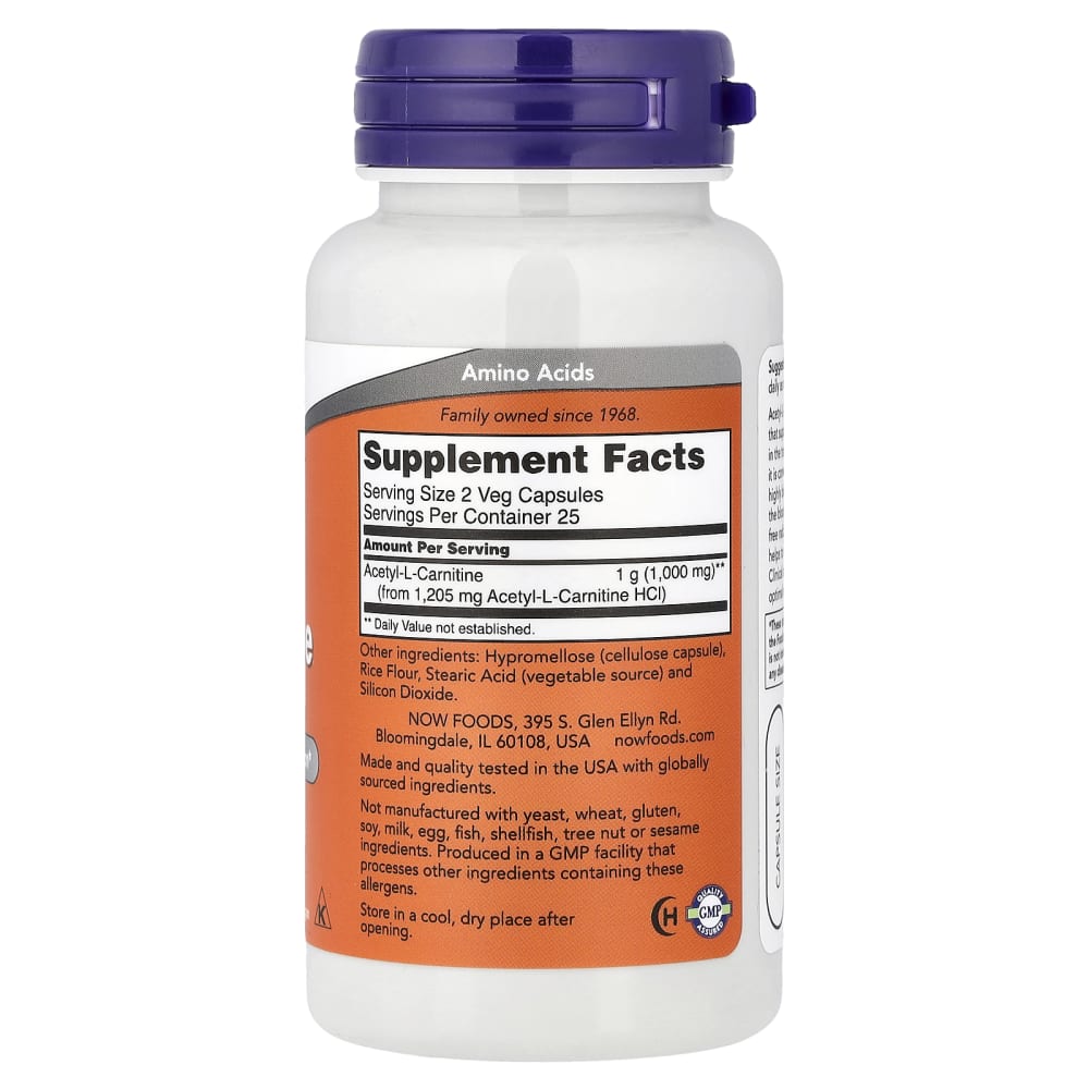 NOW Foods Acétyl-L-Carnitine 500 mg – 50 gélules végétales – vue supplémentaire