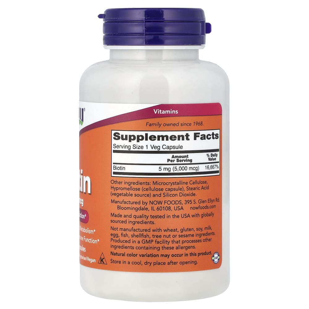 NOW Foods Biotin 5,000 mcg – 120 gélules végétales (Veg Capsules) – vue supplémentaire