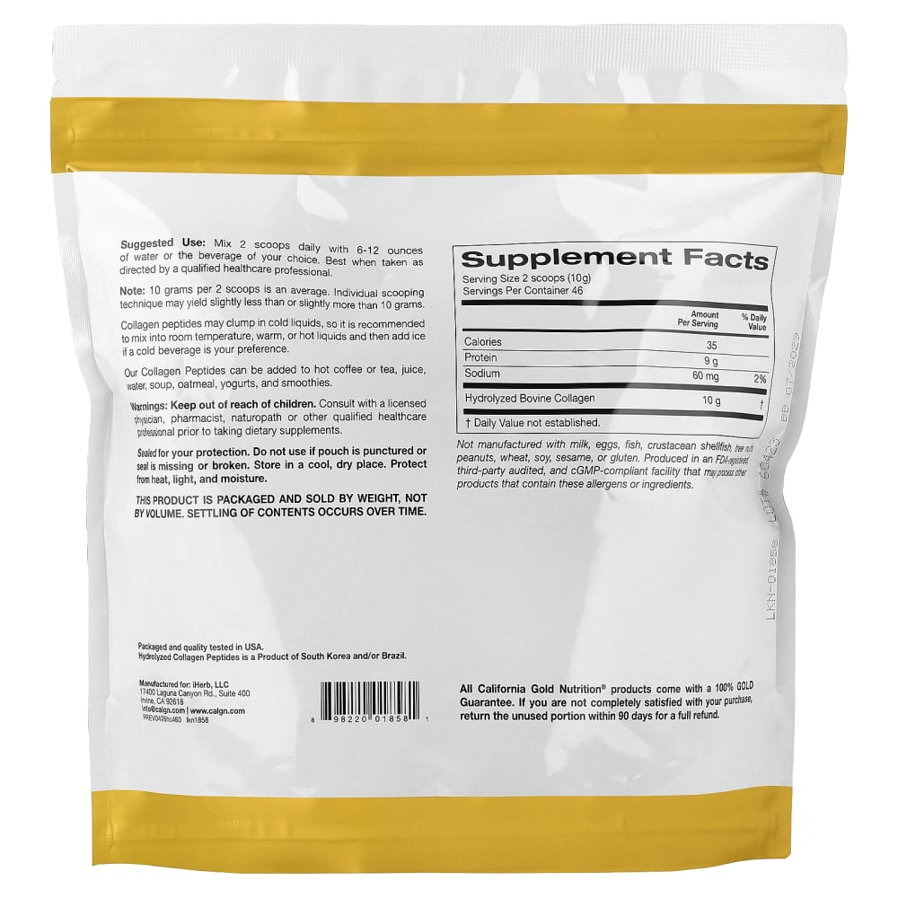 California Gold Nutrition Hydrolyzed Collagen Peptides Unflavored – 460 g (16.2 oz) – vue supplémentaire