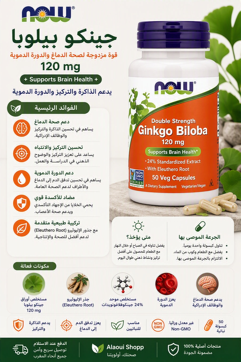 NOW Foods Double Strength Ginkgo Biloba 120 mg (50 Gélules Végétales) – informations complémentaires