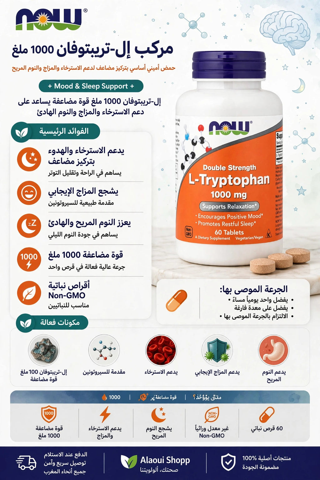 NOW Foods Double Strength L-Tryptophan 1000 mg (60 Comprimés) – informations complémentaires