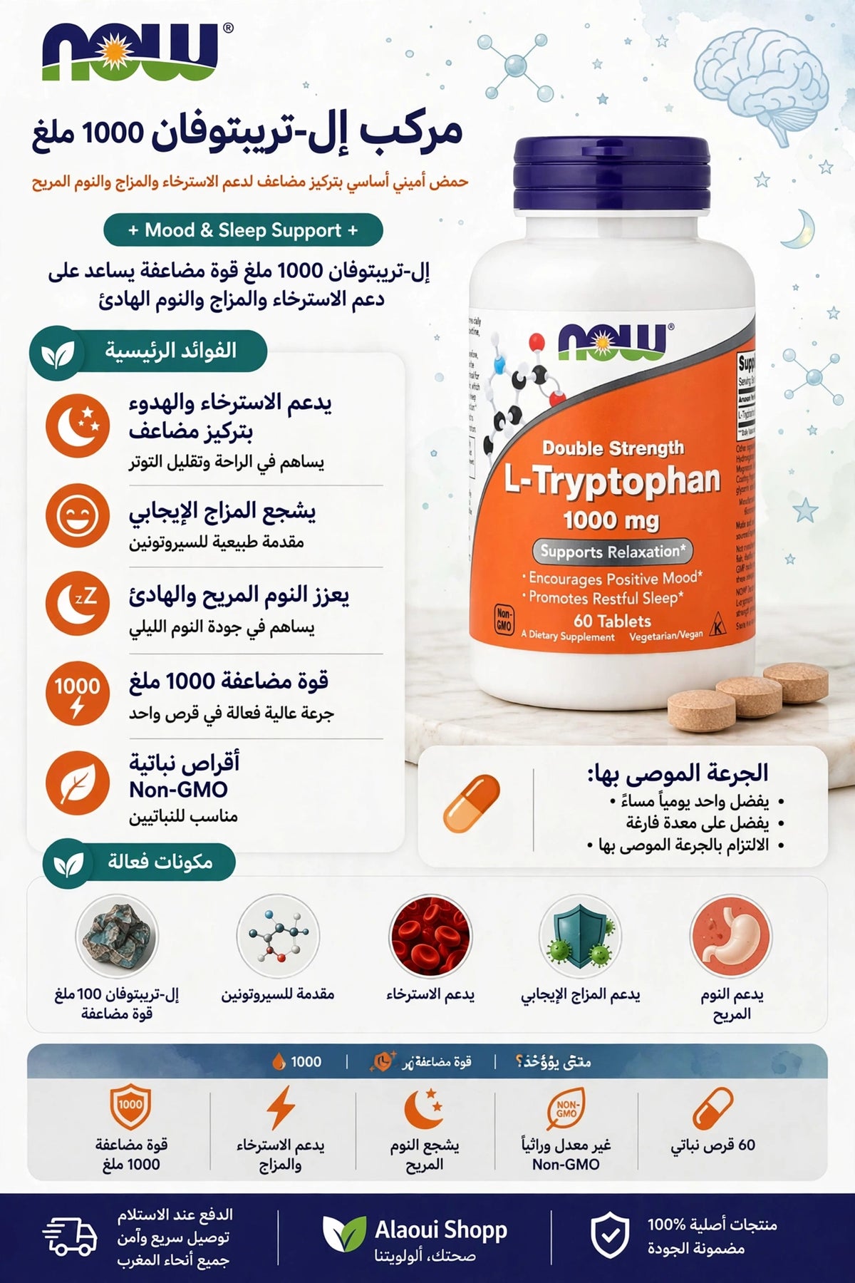 NOW Foods Double Strength L-Tryptophan 1000 mg (60 Comprimés) – informations complémentaires