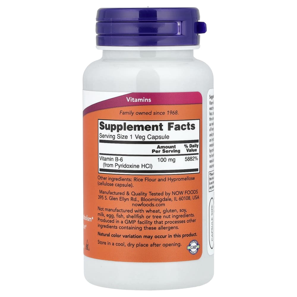NOW Foods Vitamine B-6 100 mg – 100 capsules végétales – vue supplémentaire