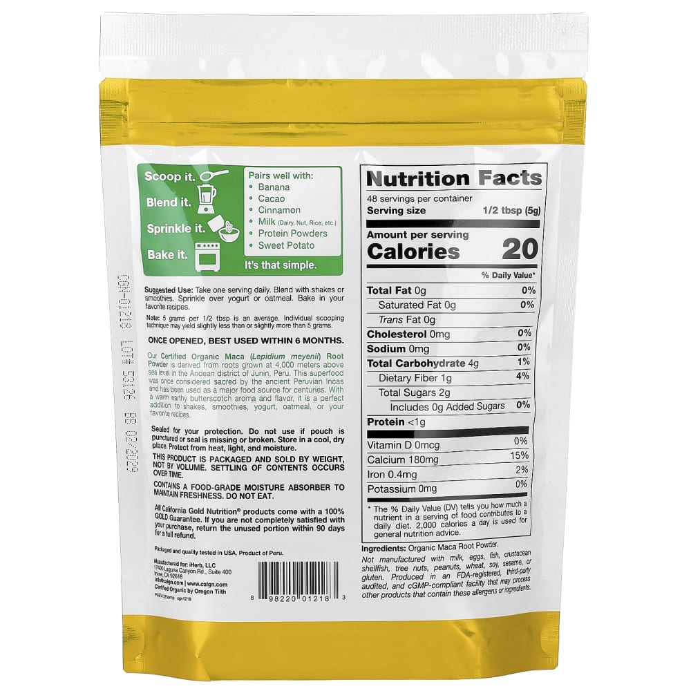 California Gold Nutrition Superfoods Organic Maca Root Powder – 240 g – vue supplémentaire