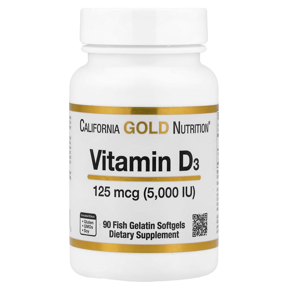California Gold Nutrition Vitamin D3 125 mcg (5,000 IU) – 90 gélules molles (Fish Gelatin Softgels) – photo produit