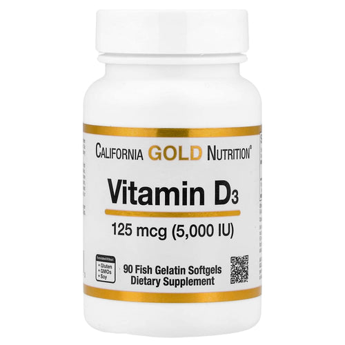 California Gold Nutrition Vitamin D3 125 mcg (5,000 IU) – 90 gélules molles (Fish Gelatin Softgels) – photo produit