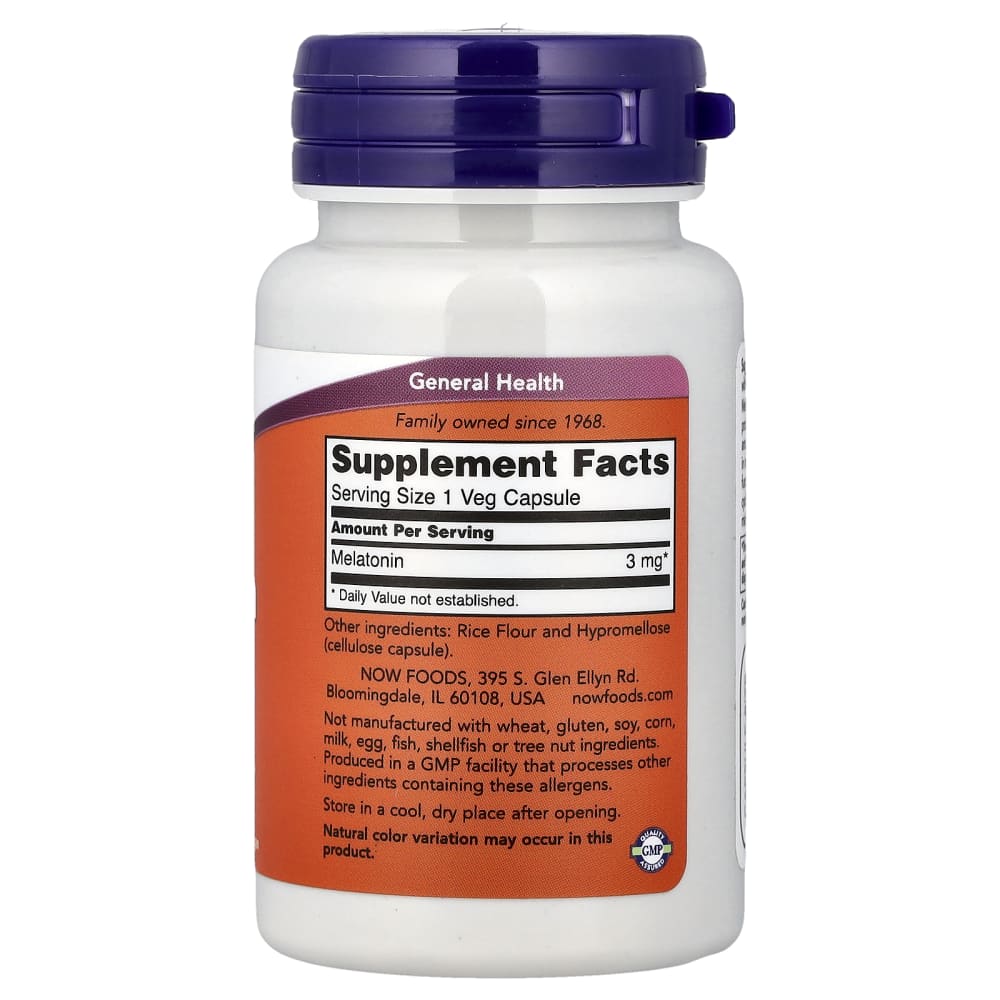 NOW Foods – Mélatonine 3 mg, 60 gélules végétales – vue supplémentaire