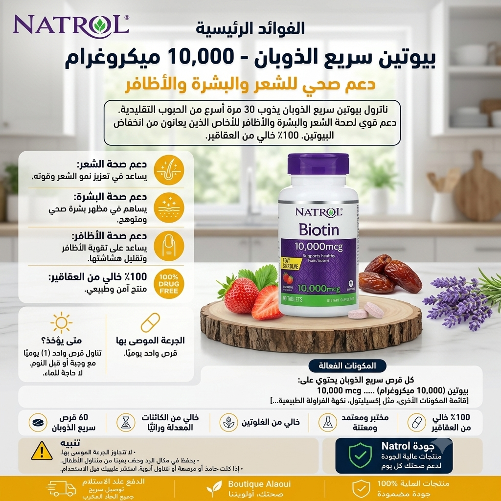 Natrol – Biotine 10 000 mcg, Concentration Maximale, Fraise – 60 Comprimés – informations complémentaires