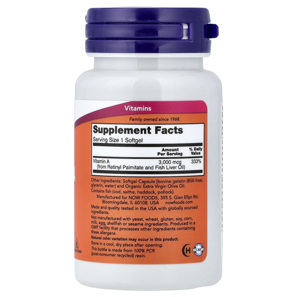 NOW Foods Vitamine A 10 000 UI – 100 softgels – vue supplémentaire