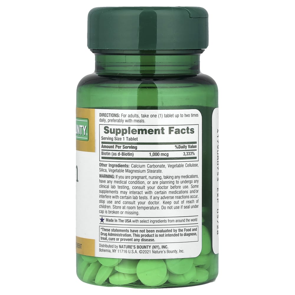 Nature's Bounty Biotin 1000 mcg – 100 comprimés enrobés (Coated Tablets) – vue supplémentaire
