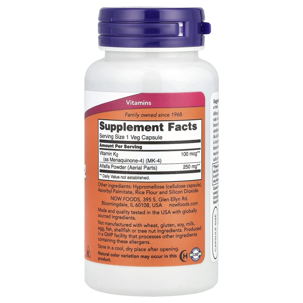 NOW Foods – Vitamine K-2 100 mcg – 100 gélules végétales – vue supplémentaire