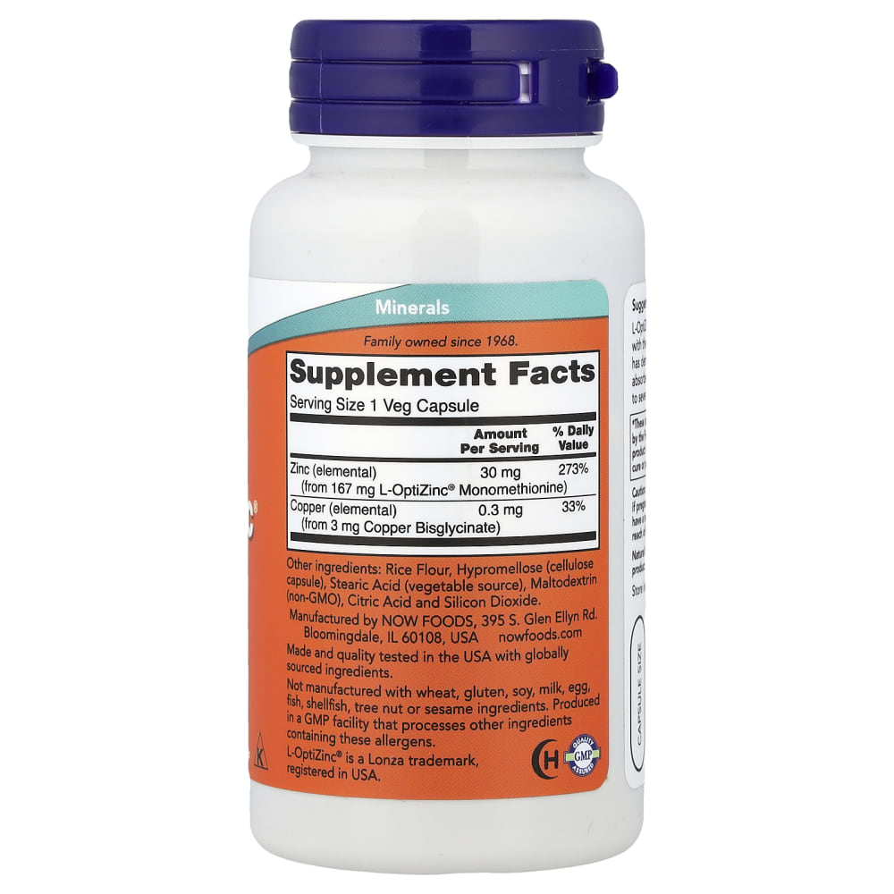 NOW Foods L-OptiZinc 30 mg (100 Gélules Végétales) – vue supplémentaire