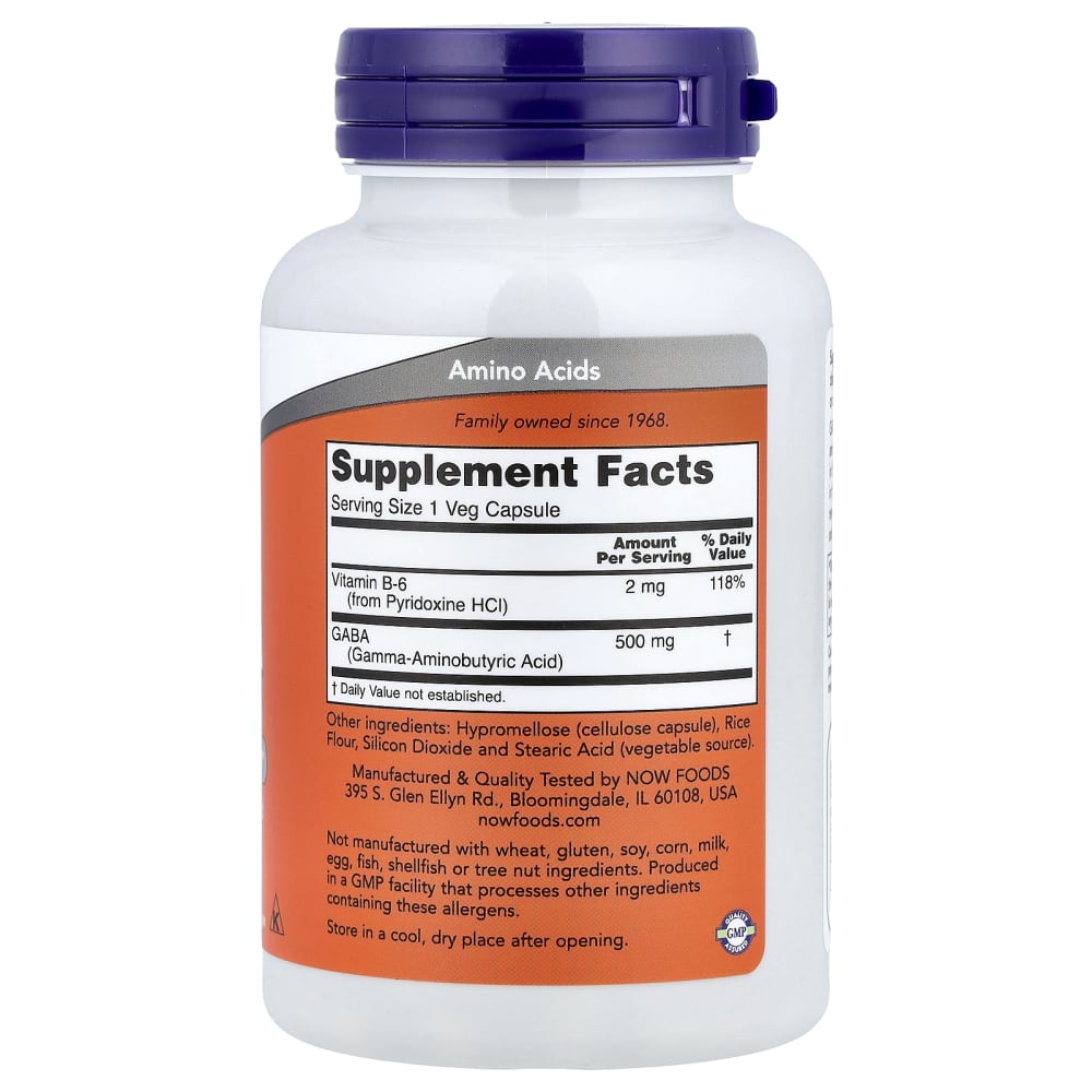 NOW Foods GABA 500 mg + Vitamin B-6 – 100 Veg Capsules – vue supplémentaire
