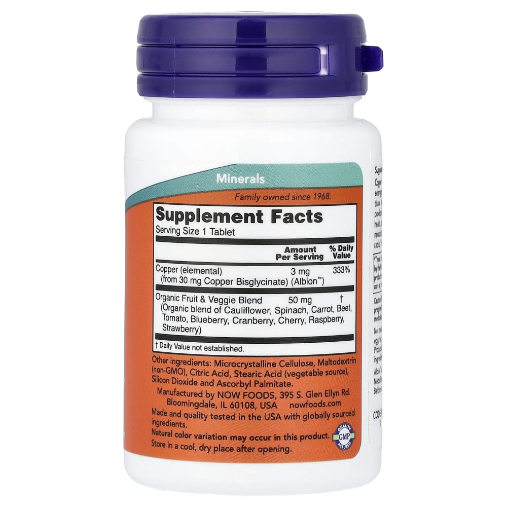 NOW Foods Copper Glycinate 3 mg – 120 comprimés – vue supplémentaire
